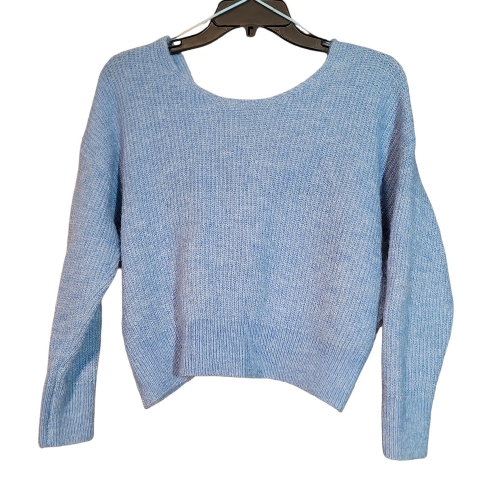 Bishop + Young Blue Twist Back Sweater Sm Wool Blend‎ Criss Cross Open Back Knit
